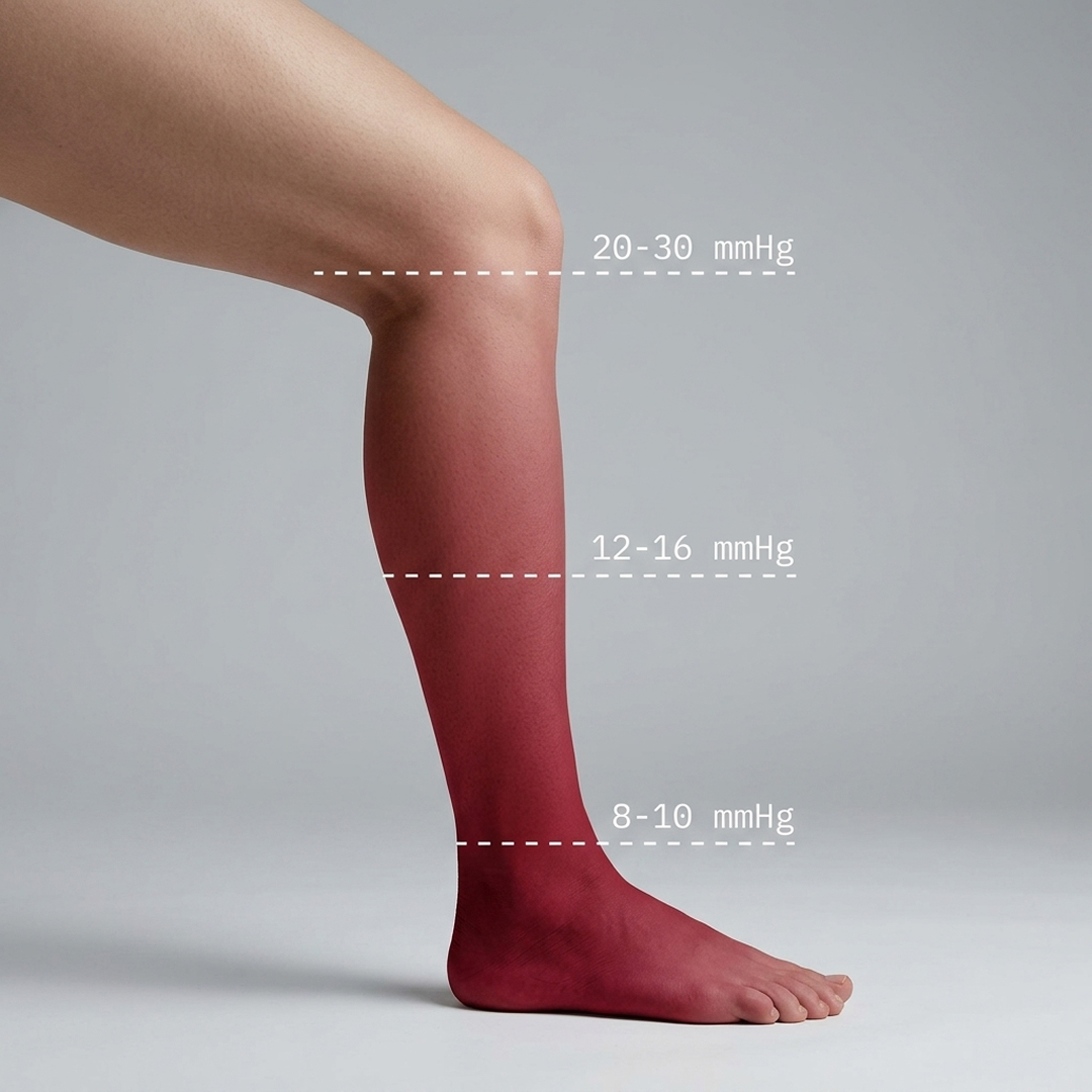 Diagram of graduated compression pressure decreasing from ankle to calf in mmHg