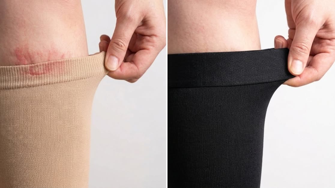 Side-by-side comparison of a narrow digging sock cuff and the wide TrueFit comfort strap