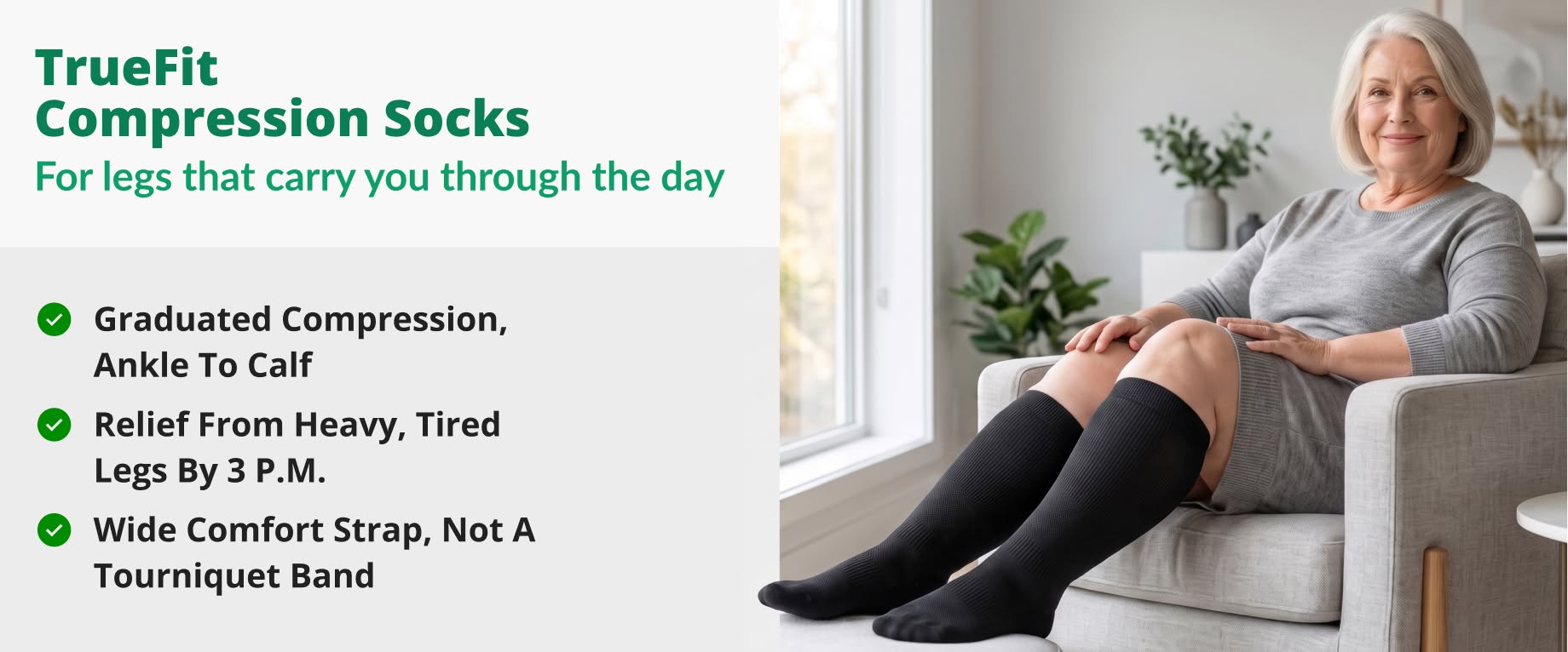 Woman relaxing in an armchair wearing black TrueFit knee-high compression socks