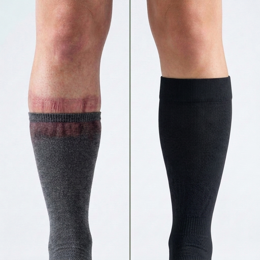 Lower leg before and after wearing TrueFit graduated compression socks
