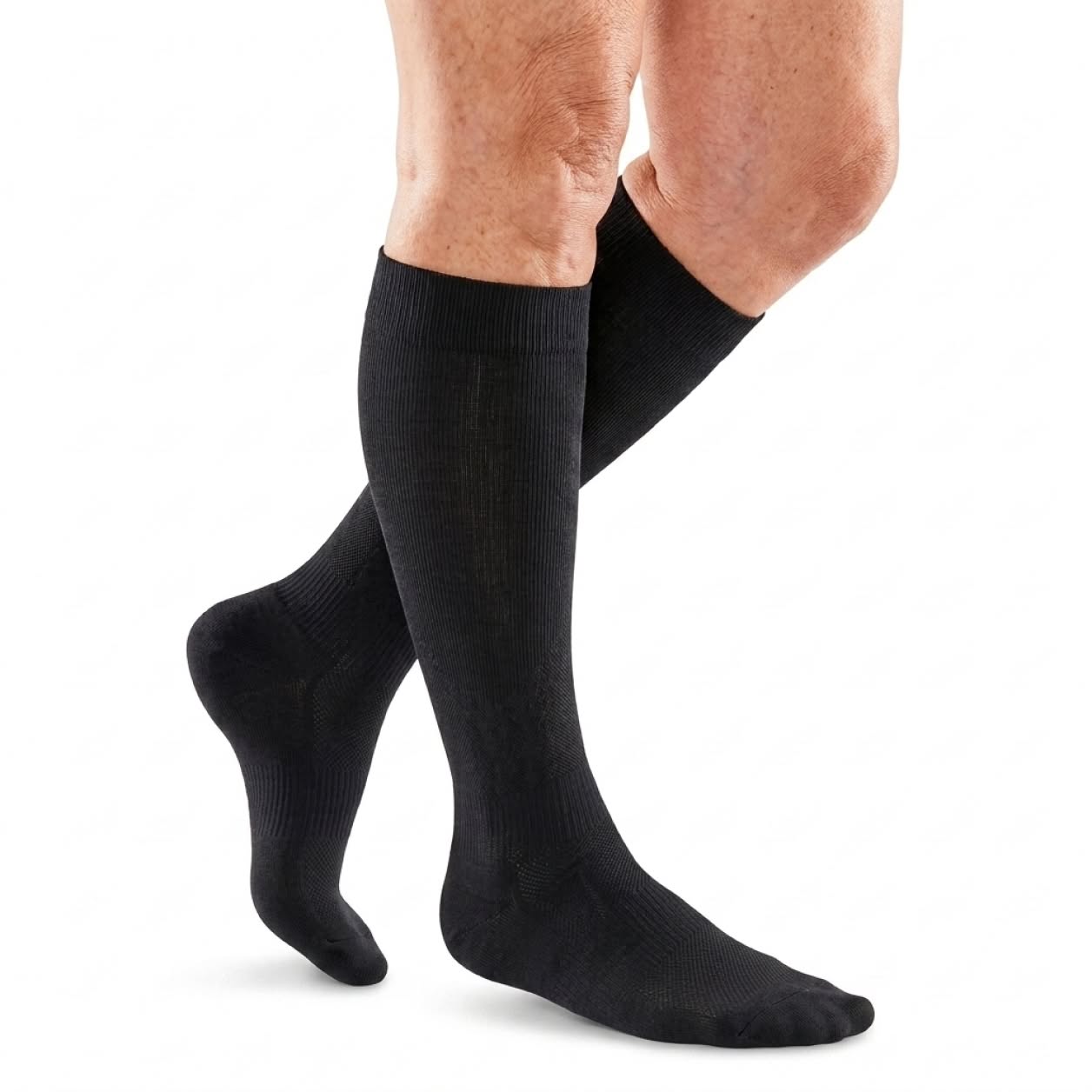 Pair of TrueFit knee-high compression socks laid flat on a white background